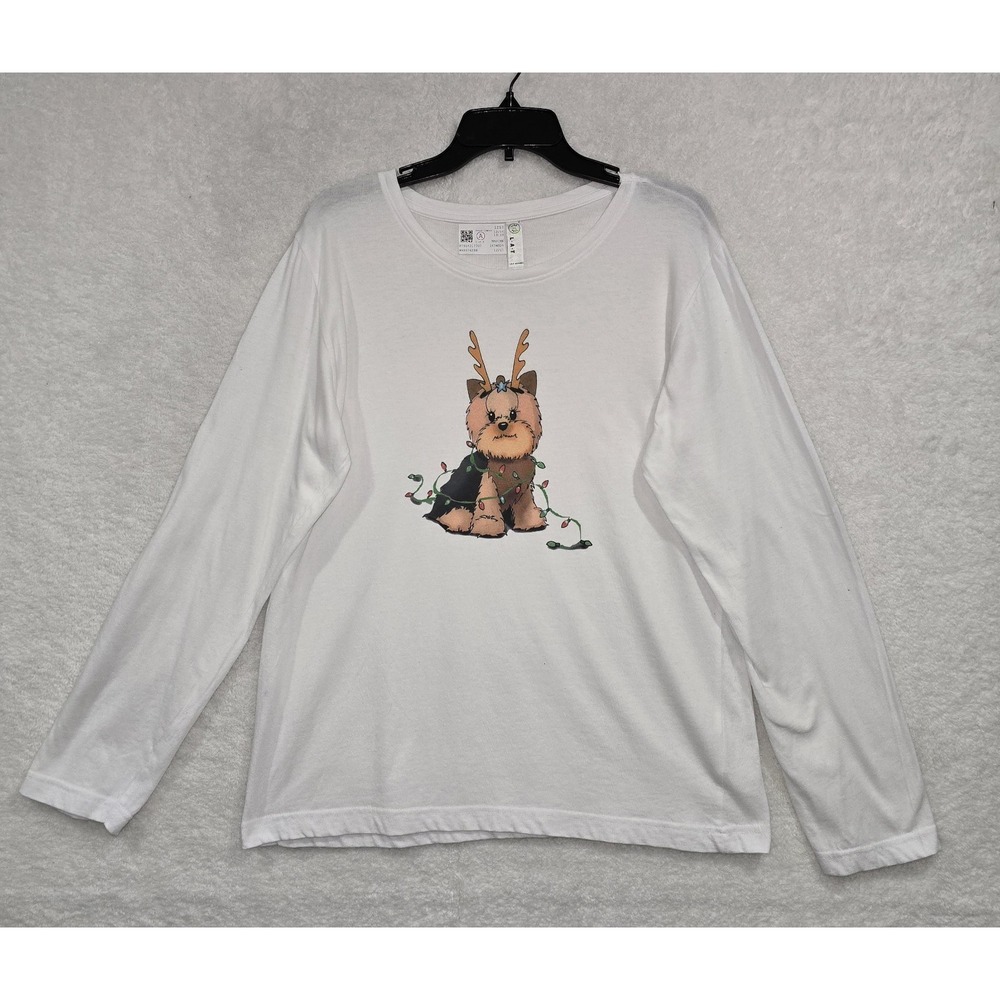 Yorkie Terrier Womens Large White Long Sleeve Christmas T-shirt Reindeer Antlers